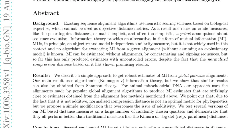 서열 정렬과 상호 정보량을 이용한 새로운 계통수 거리 측정법