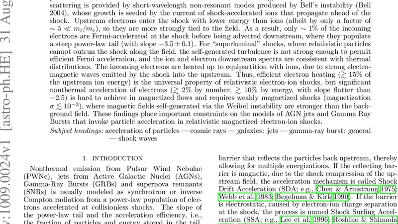 상대론적 자기화 충돌 없는 전자 이온 충격파에서 입자 가속