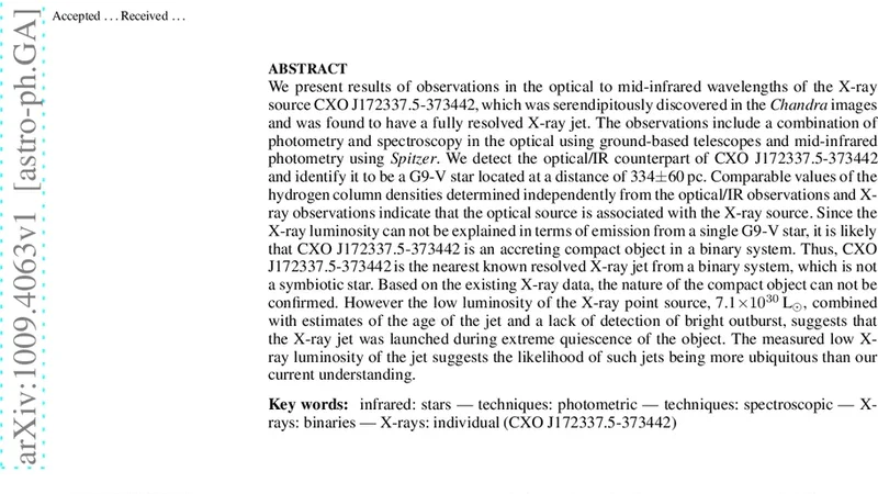 Optical/IR counterpart to the resolved X-ray jet source CXO   J172337.5-373442 and its distance