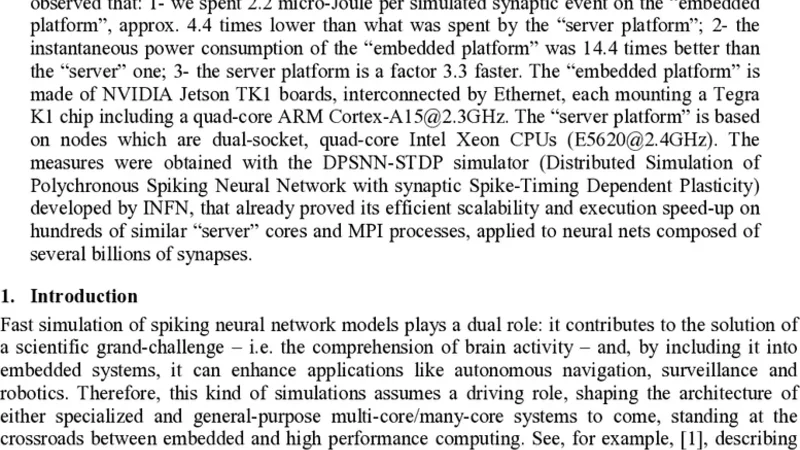 Power, Energy and Speed of Embedded and Server Multi-Cores applied to   Distributed Simulation of Spiking Neural Networks: ARM in NVIDIA Tegra vs   Intel Xeon quad-cores