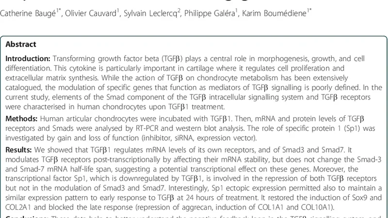Modulation of transforming growth factor beta signalling pathway genes   by transforming growth factor beta in human osteoarthritic chondrocytes:   involvement of Sp1 in both early and late response cells to transforming   growth factor beta
