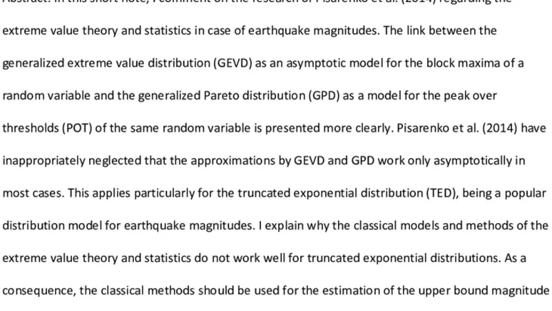 Comment on Pisarenko et al. 'Characterization of the Tail of the   Distribution of Earthquake Magnitudes by Combining the GEV and GPD   Descriptions of Extreme Value Theory'