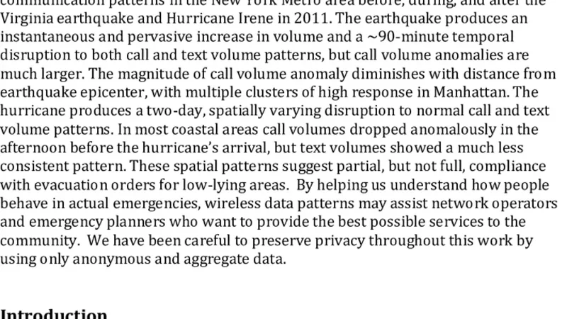 Earthquakes, Hurricanes, and Mobile Communication Patterns in the New   York Metro Area: Collective Behavior during Extreme Events