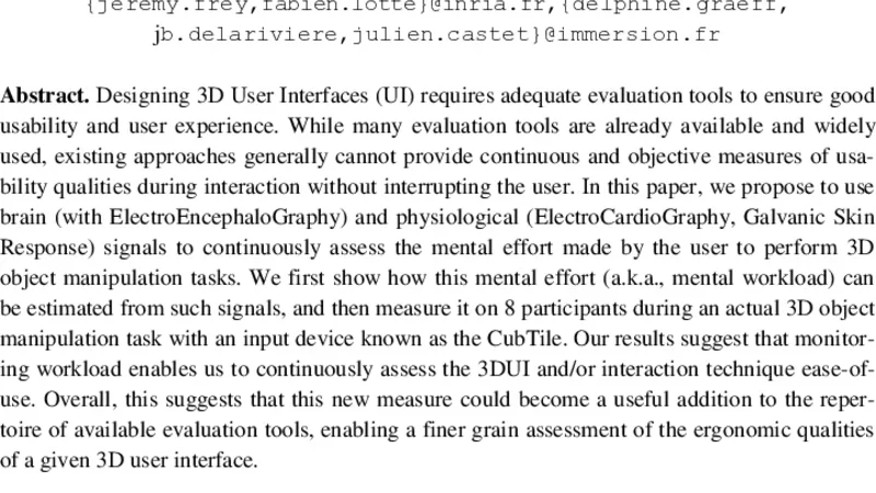 뇌와 생리 신호를 이용한 3D 객체 조작 작업의 지속적 정신 노력 평가