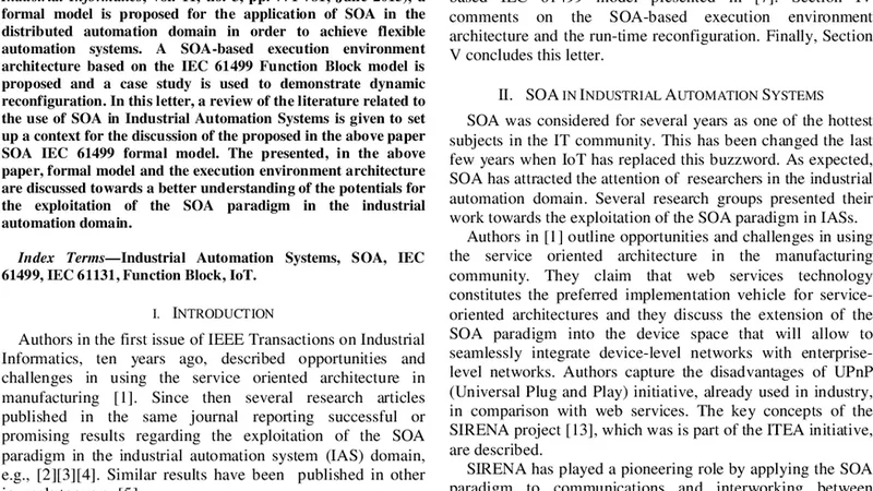 Service-Oriented Architecture in Industrial Automation Systems - The   case of IEC 61499: A Review