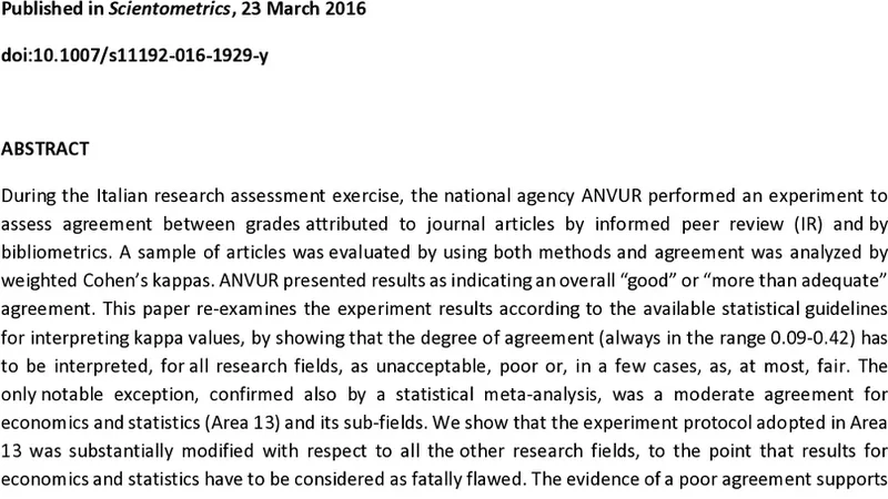Do they agree? Bibliometric evaluation vs informed peer review in the   Italian research assessment exercise