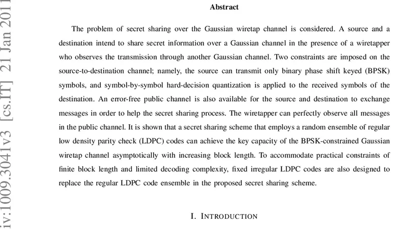 BPSK 제한 가우시안 와이어탭 채널을 위한 비밀 공유 LDPC 코드