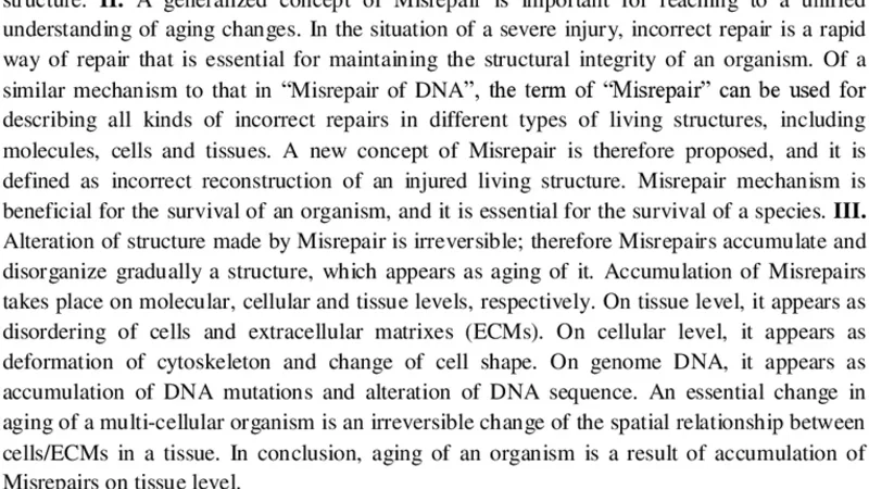 Aging as a process of accumulation of Misrepairs