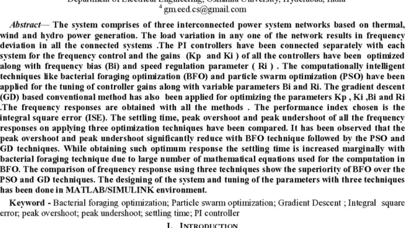 Design of PI Controller for Automatic Generation Control of Multi Area   Interconnected Power System using Bacterial Foraging Optimization