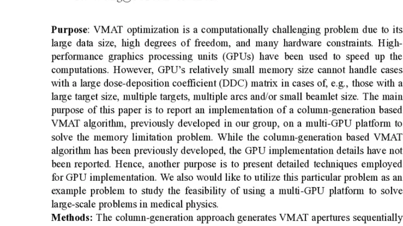 Multi-GPU implementation of a VMAT treatment plan optimization algorithm