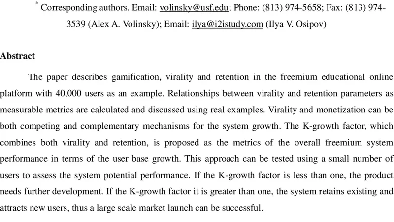 Gamification, virality and retention in educational online platform.   Measurable indicators and market entry strategy