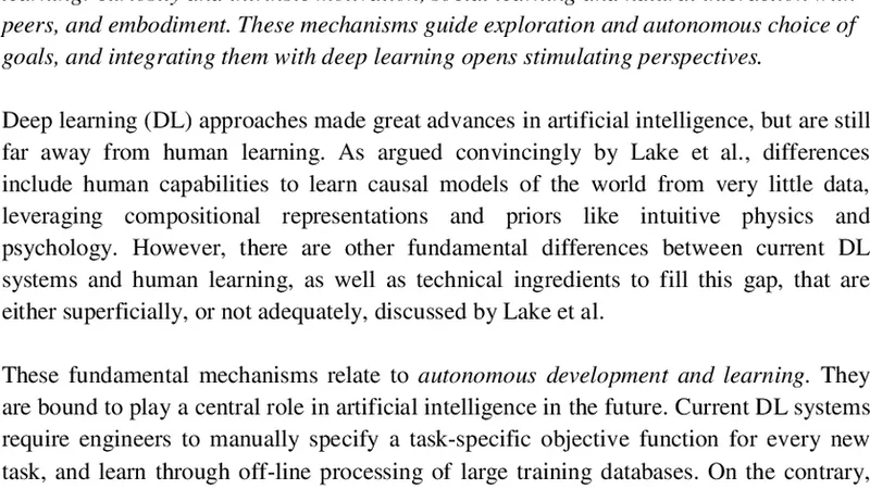 Autonomous development and learning in artificial intelligence and   robotics: Scaling up deep learning to human--like learning