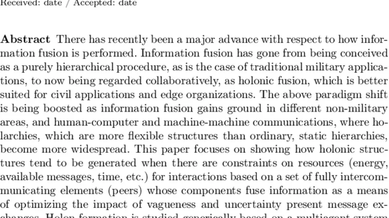 자원 제한 피어투피 네트워크에서 정보 융합을 수행하는 다중에이전트 시스템의 홀론 구조 생성