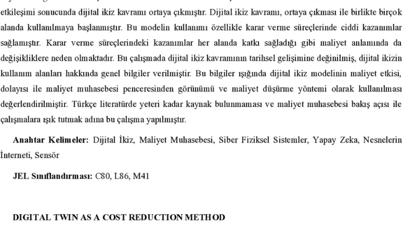 Maliyet Düşürme Yöntemi Olarak Dijital İkiz