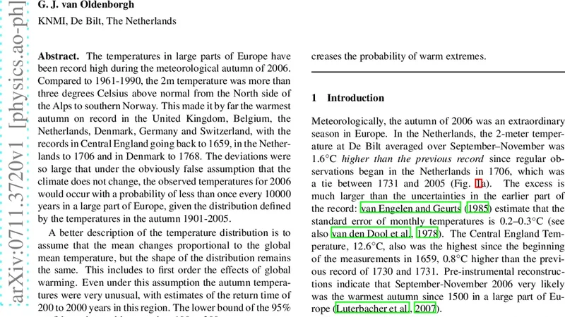 2006년 가을 유럽, 기록적인 온난화 현상의 비정상성