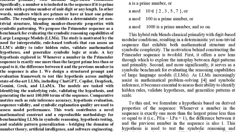 Primender Sequence: A Novel Mathematical Construct for Testing Symbolic Inference and AI Reasoning