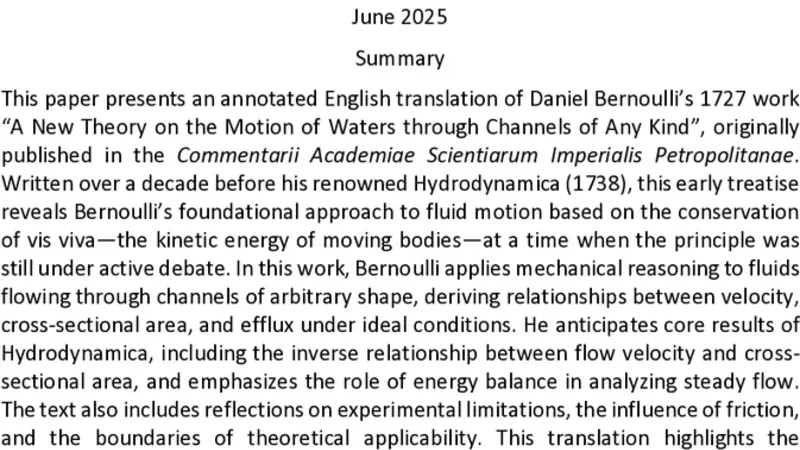 An Annotated Translation of D. Bernoulli's'A New Theory on the Motion of Waters Through Channels of Any Kind'