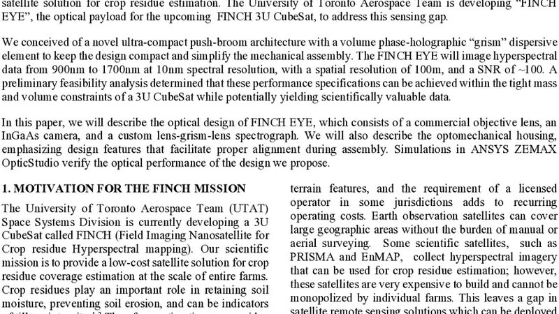 FINCH EYE: The Optical and Optomechanical Design of a GRISM-based SWIR Hyperspectral Imaging Payload for a 3U CubeSat