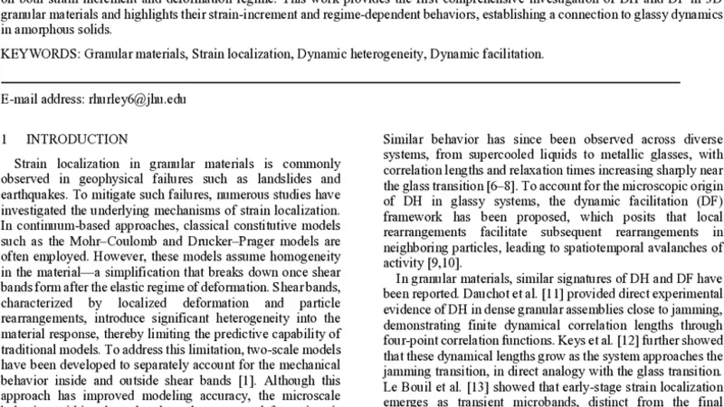 Dynamic Heterogeneity and Facilitation in Sheared Granular Materials: Insights from 3D Triaxial Testing
