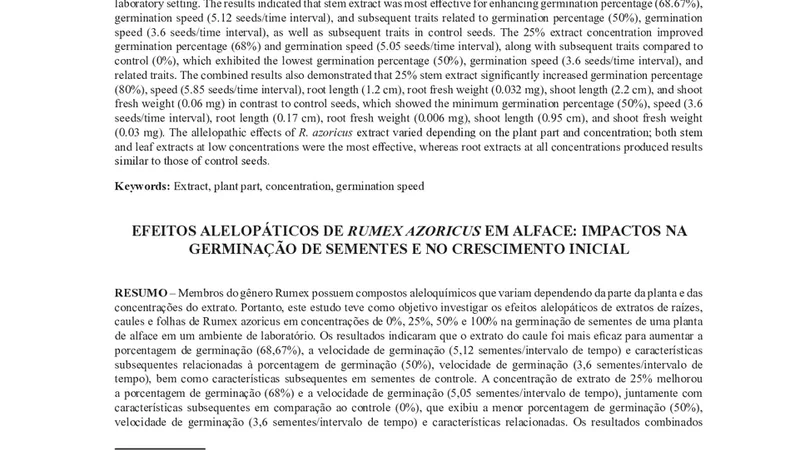 Allelopathic effects of Rumex Azoricus on lettuce: Impacts on seed germination and early growth
