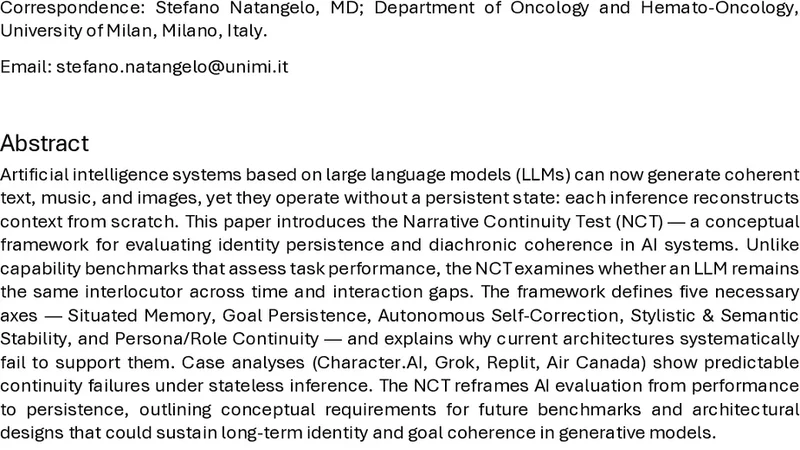The Narrative Continuity Test: A Conceptual Framework for Evaluating Identity Persistence in AI Systems
