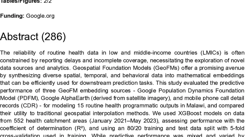 Application and Validation of Geospatial Foundation Model Data for the Prediction of Health Facility Programmatic Outputs - A Case Study in Malawi