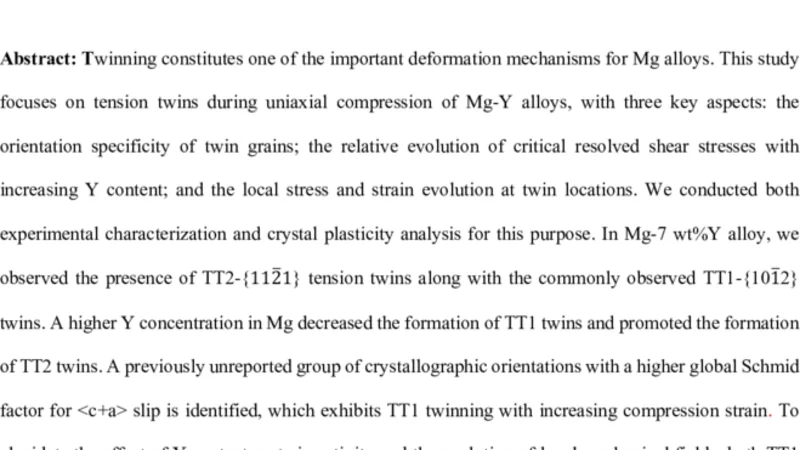 Y 첨가가 Mg 합금의 주요 전이 트윈 모드와 국부 기계장 진화에 미치는 영향