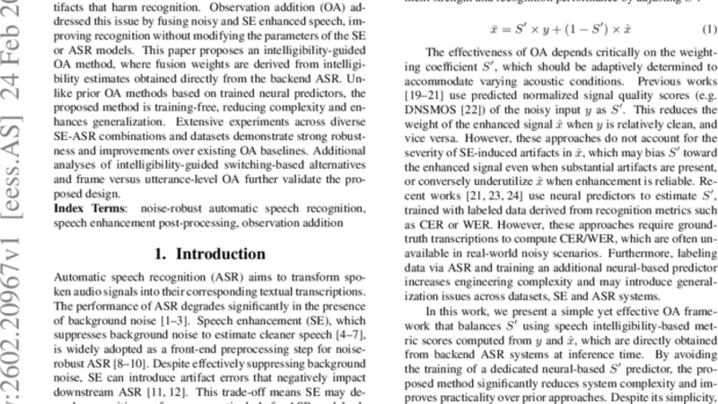 Training-Free Intelligibility-Guided Observation Addition for Noisy ASR