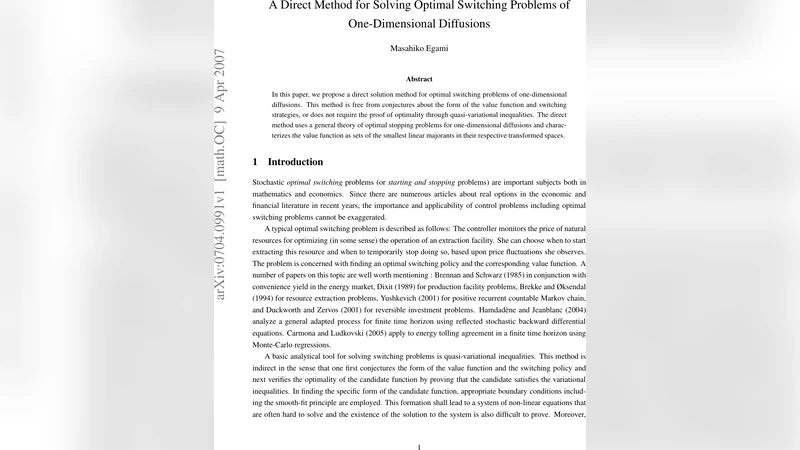 일차원 확산 과정 최적 전환 문제 직접 해법