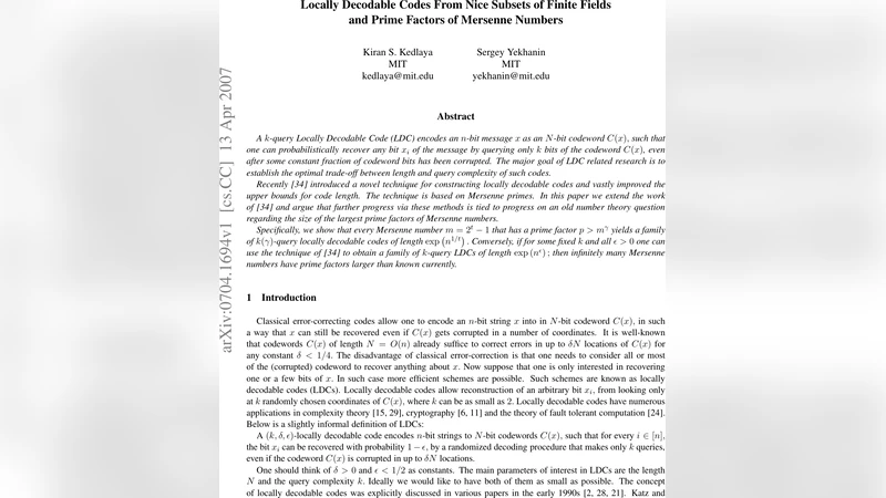 메르센 수 소인수와 연결된 새로운 지역 복호화 코드 설계