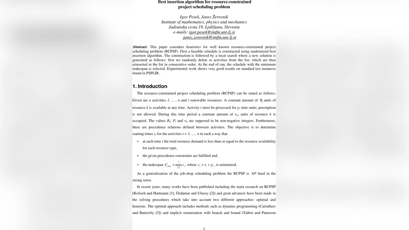 자원제한 프로젝트 일정 최적화를 위한 최적 삽입 알고리즘