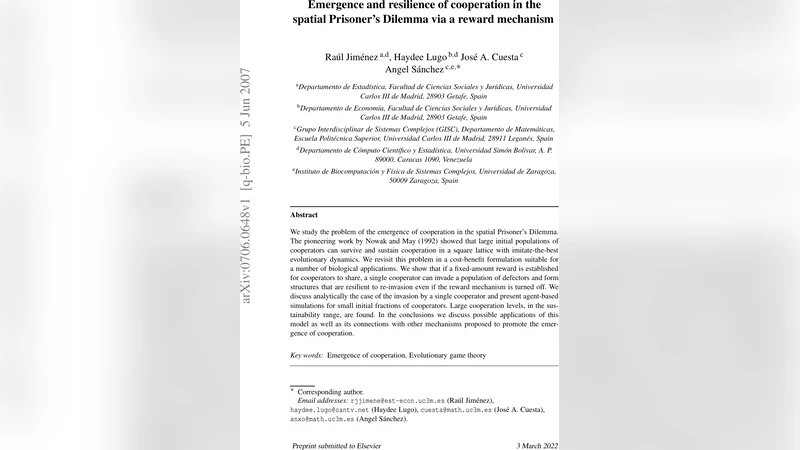 보상 메커니즘을 통한 공간형 죄수의 딜레마 협력의 등장과 회복력
