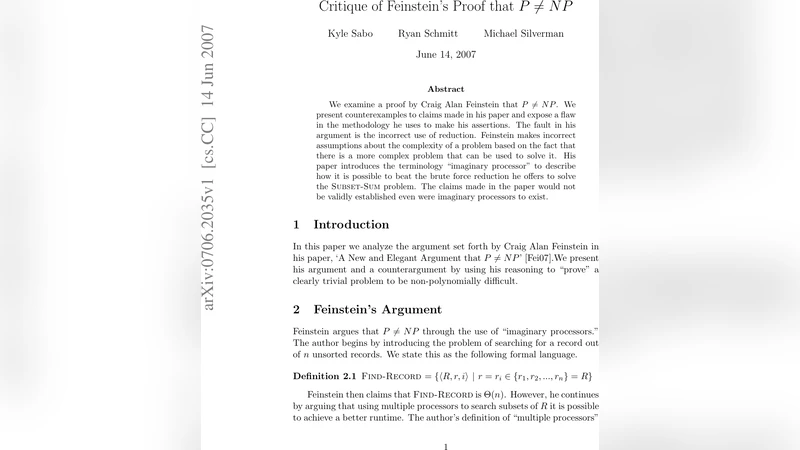 피엔과 NP 구분 논증의 허점: 페인스타인의 “가상 프로세서” 비판