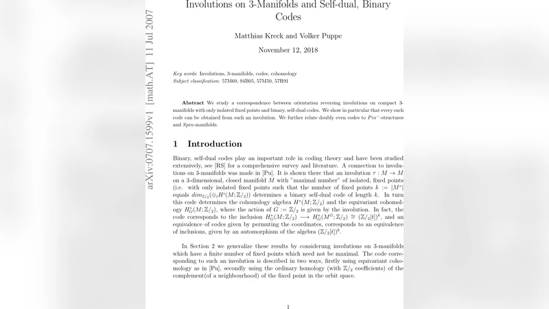 3차원 다양체의 반전 변환과 자기이중 이진 코드