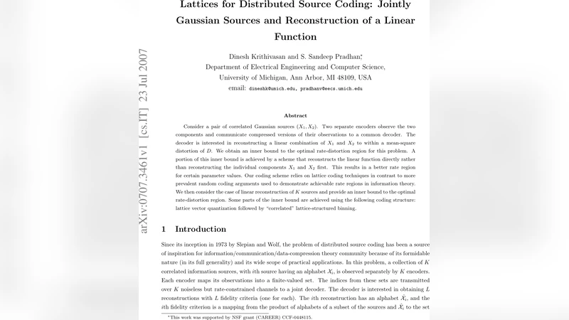 분산 소스 코딩을 위한 격자 설계: 가우시안 합성 신호의 선형 복원
