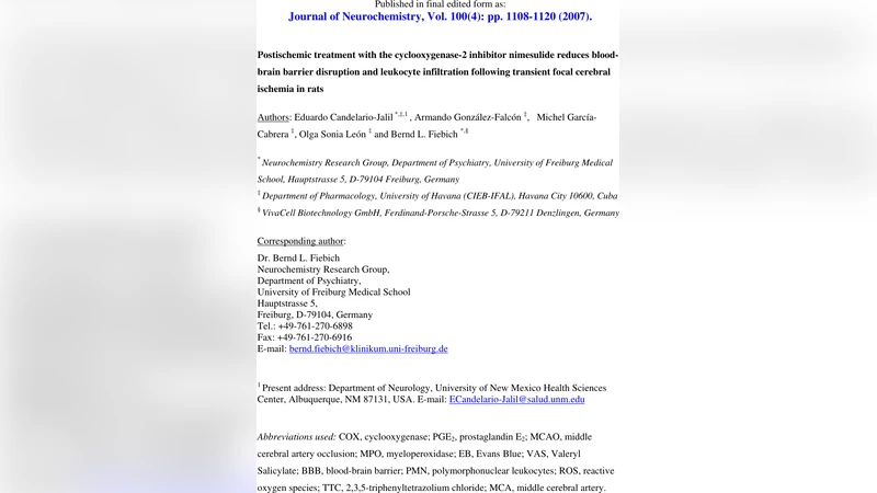 니메술리드가 혈뇌장벽 손상과 백혈구 침윤을 억제하는 뇌허혈 보호 효과