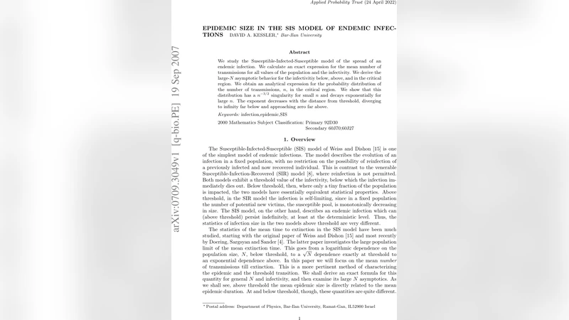 전염병 확산 규모 SIS 모델 전파 횟수 정확 해와 임계 현상