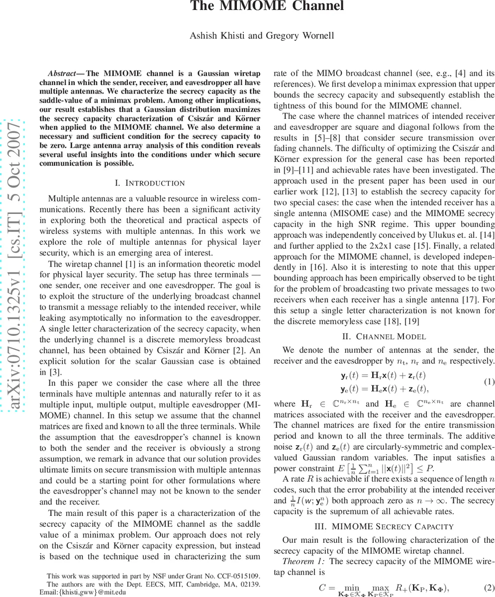 MIMOME 채널의 비밀 용량 분석