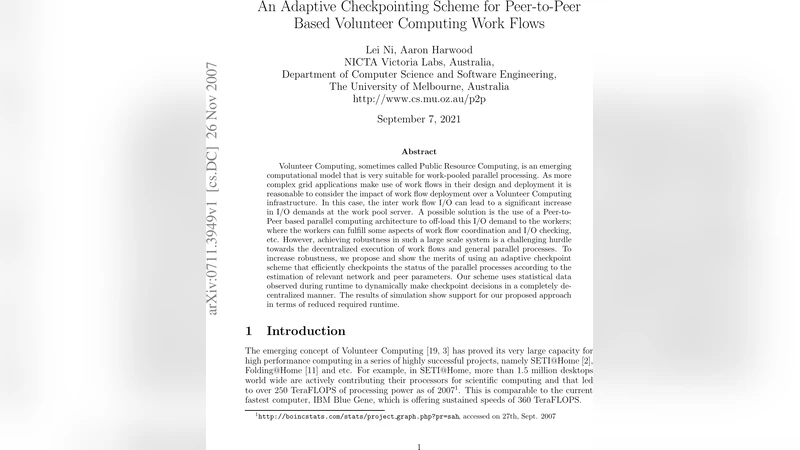 자율 적응형 체크포인트로 강화된 P2P 기반 자원봉사 컴퓨팅 워크플로