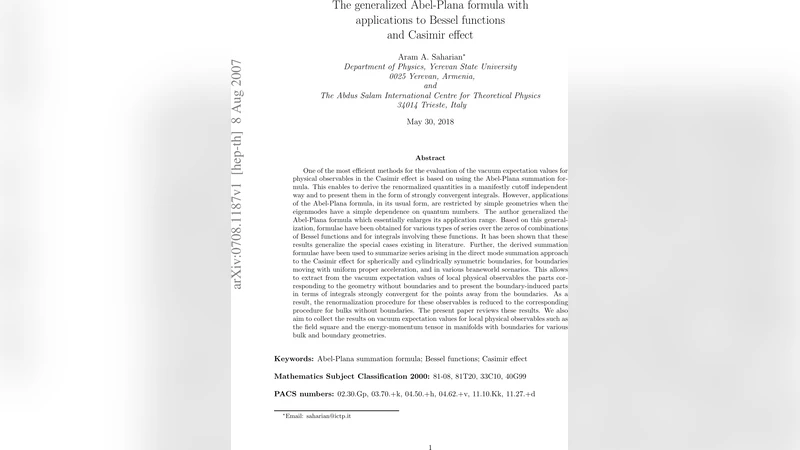 일반화된 아벨 플라나 공식과 그 응용 베셀 함수와 캐시미르 효과