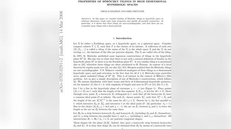 고차원 초월곡면에서 보르오치키 타일링의 성질