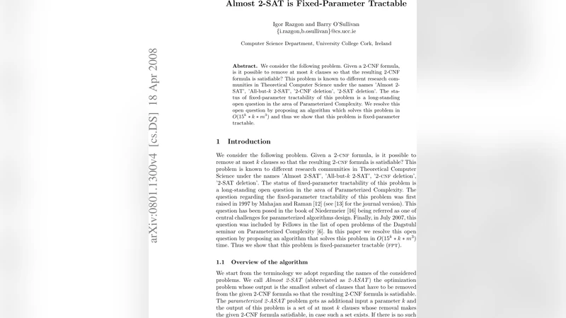 거의 2‑SAT 문제, 파라미터 k에 대해 효율적 해결 가능