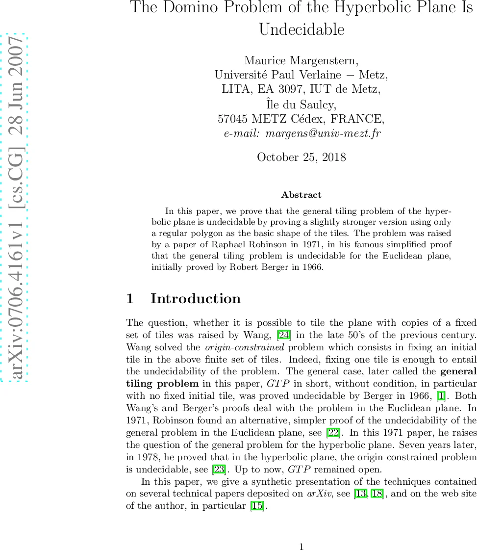 하이퍼볼릭 평면 도미노 문제는 결정 불가능
