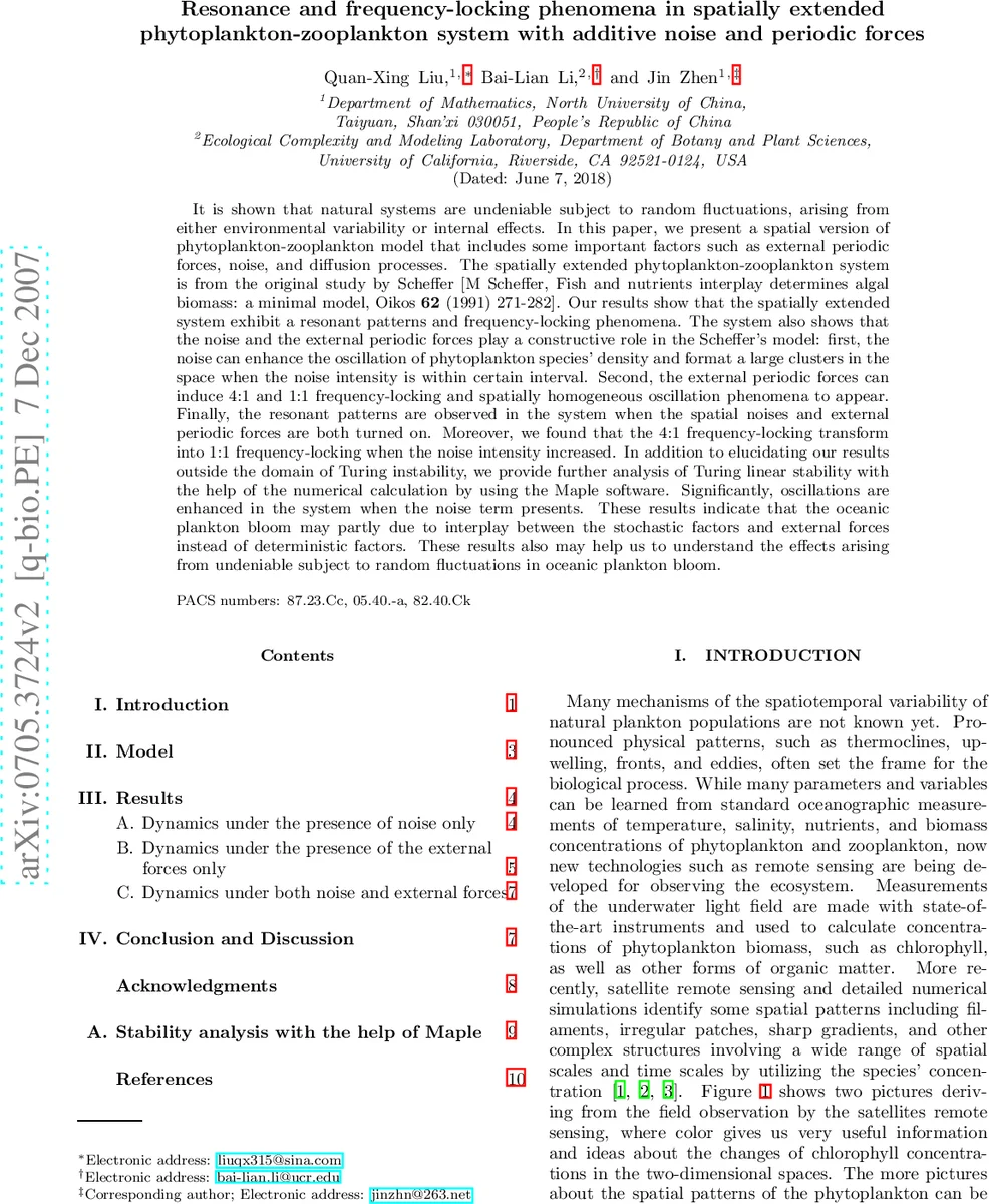 공간 확장 식물플랑크톤‑동물플랑크톤 시스템에서 공명 및 주파수 고정 현상