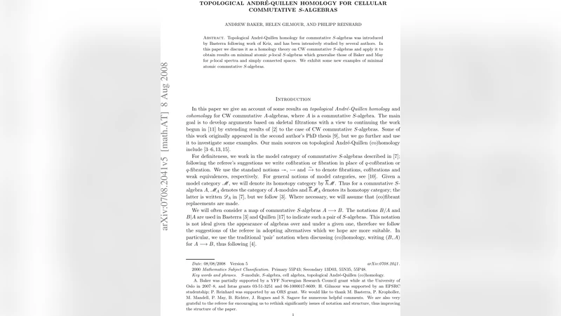 세포형 커뮤터티브 S‑알제브라를 위한 위상 앙드레‑퀸 동류론