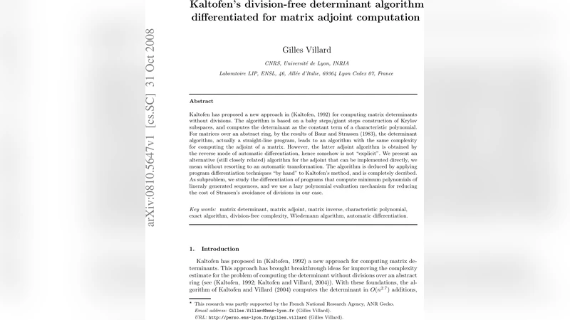 칼토펜 무분할 행렬식 알고리즘의 직접적 어드조인트 변환