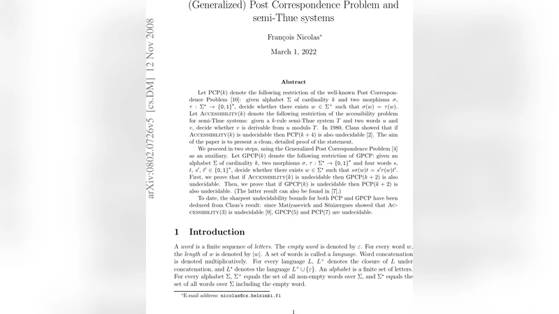 접근성 문제와 포스트 대응 문제의 연결 고리: 결정 불가능성 한계 정리