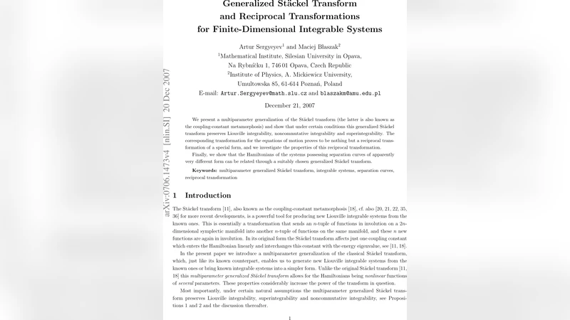 일반화된 스택엘 변환과 유한 차원 적분 가능 시스템의 상호 변환