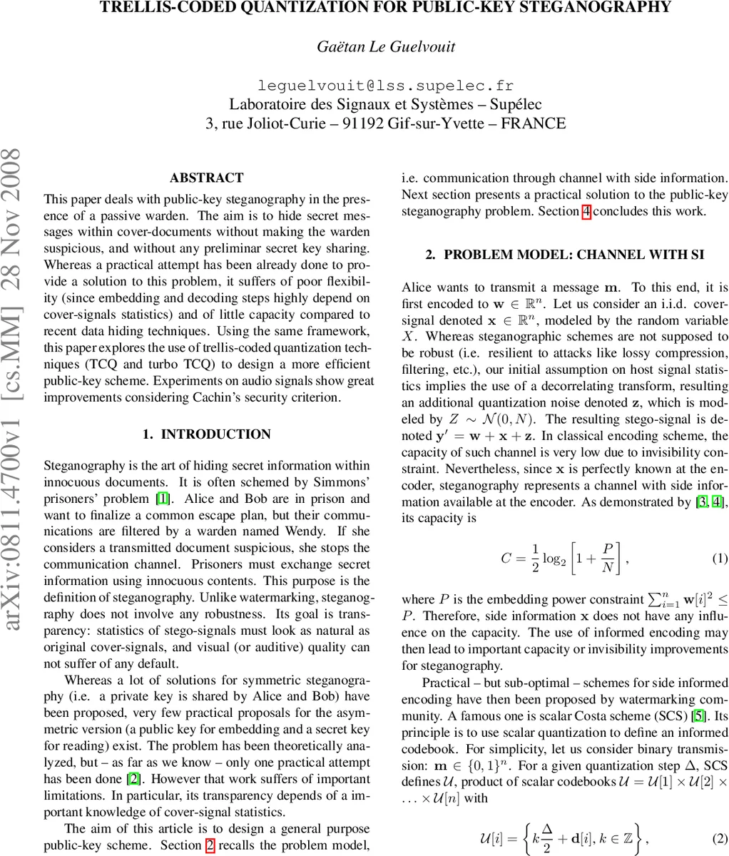 공개키 스테가노그래피를 위한 트렐리스 부호화 양자화