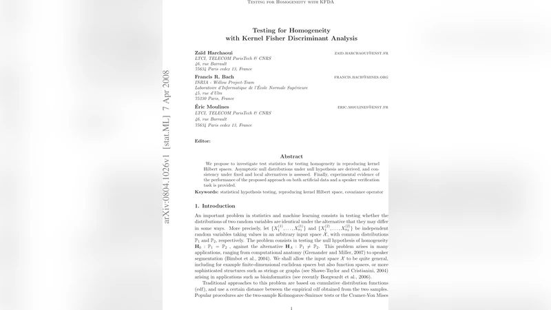 커널 피셔 판별분석을 이용한 동질성 검정